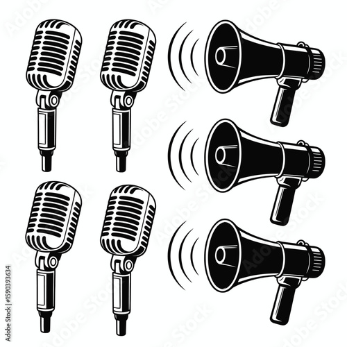 Vintage microphones and megaphones with sound waves graphic elements