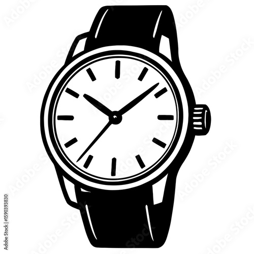 Wristwatch Vector Icon in Black and White – Minimalist Line Illustration of Round Analog Watch with Hour Markers and Strap, Ideal for Time, Fashion, and Product Design Concepts
