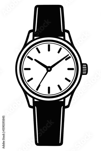 Wristwatch Vector Icon in Black and White – Minimalist Line Illustration of Round Analog Watch with Hour Markers and Strap, Ideal for Time, Fashion, and Product Design Concepts
