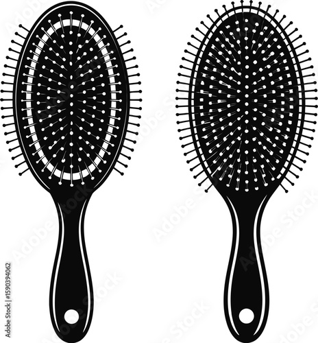 Two black silhouette oval paddle hair brushes with white dots on a white background
