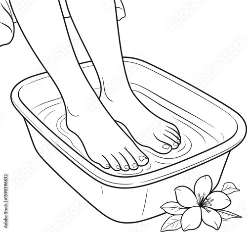 Line art illustration of a person soaking their feet in a basin of water with a flower