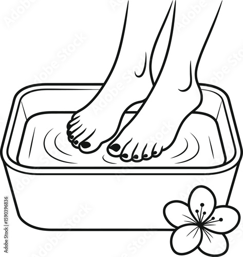 Line art illustration of feet soaking in a foot bath with a flower