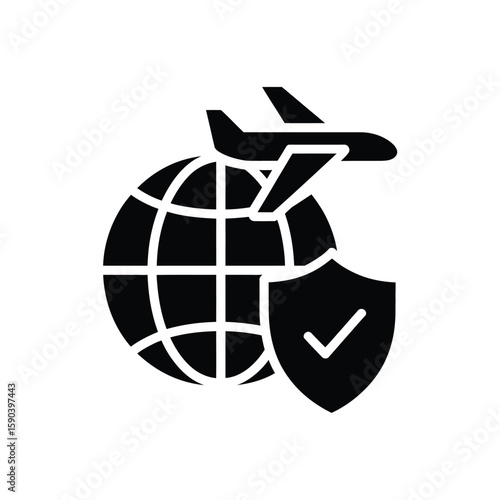 Global travel insurance protection with airplane and shield icon