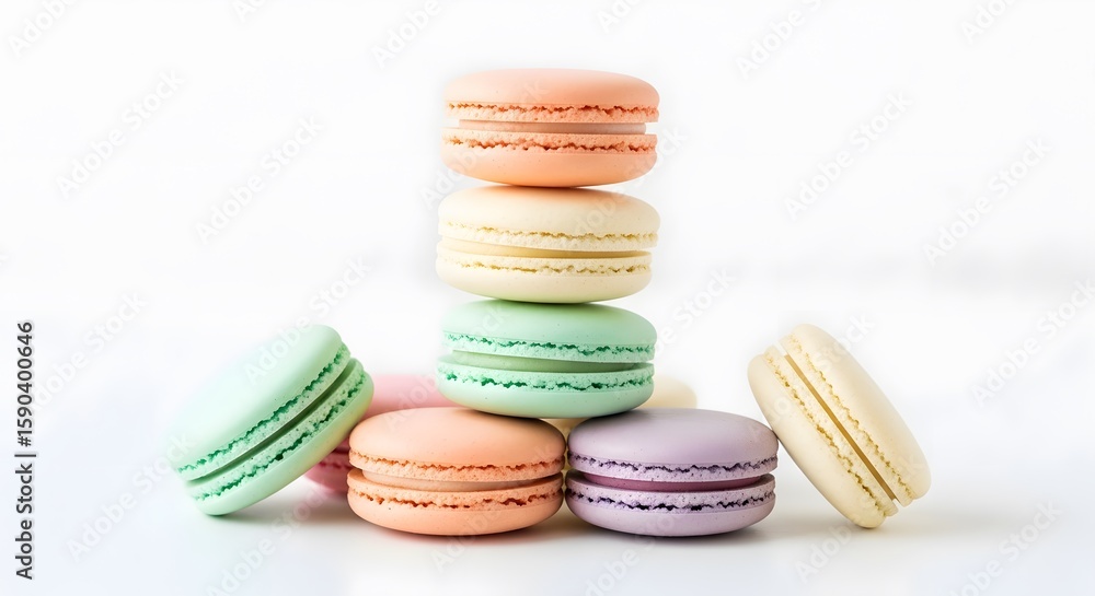 Obraz premium Colorful macarons stacked and scattered against a white background, photo