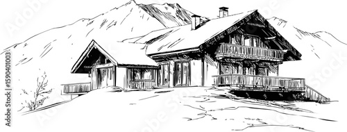 Alpine chalet with wooden balcony against mountain backdrop, ink illustration. Vector illustration