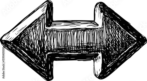 Black and white sketch of a double-headed arrow with hatched texture. Vector illustration