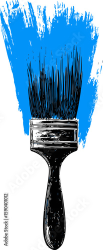 Black paintbrush with blue paint stroke in minimalist design. Vector illustration