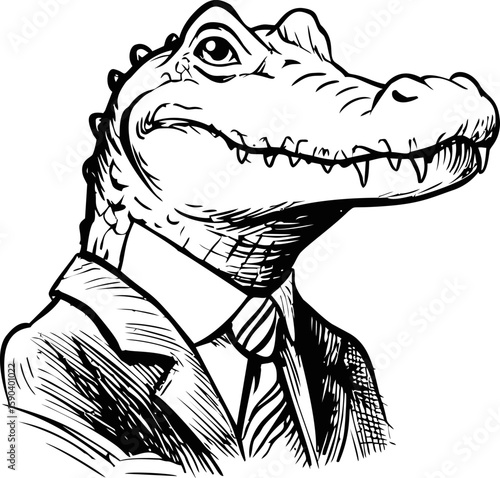 Crocodile in a suit and tie black and white sketch anthropomorphic art. Vector illustration