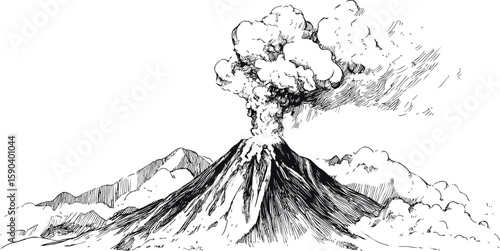 Black and white illustration of a volcanic eruption with billowing smoke. Vector illustration