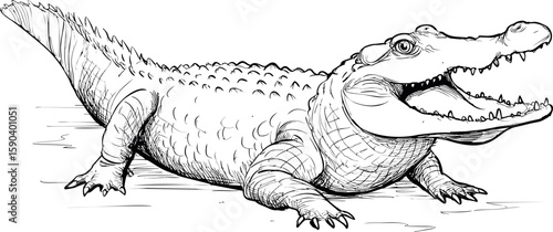 Sketch of a smiling crocodile with open mouth ink illustration. Vector illustration