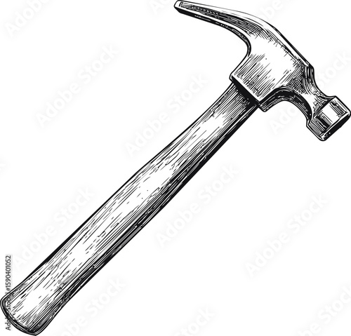 Black and white illustration of a vintage claw hammer, hand-drawn artwork. Vector illustration