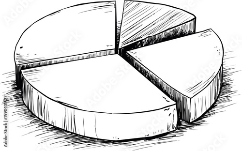 Black and white sketch of a pie chart with shaded segments, detailed drawing. Vector illustration