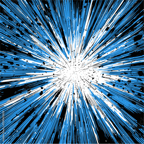 Dynamic burst of blue and white radial lines in pop art style, explosive concept. Vector illustration