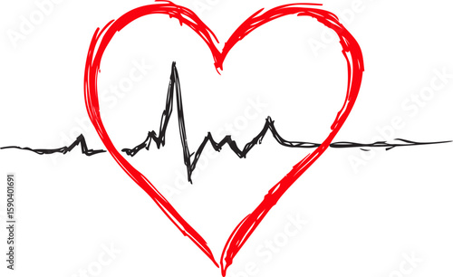 Red heart outline with black ekg line representing love and health concept. Vector illustration
