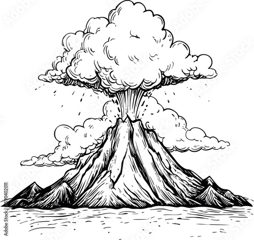 Volcanic eruption with ash clouds in monochrome illustration style. Vector illustration