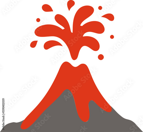 Simplified red and gray volcano eruption illustration with lava splash. Vector illustration