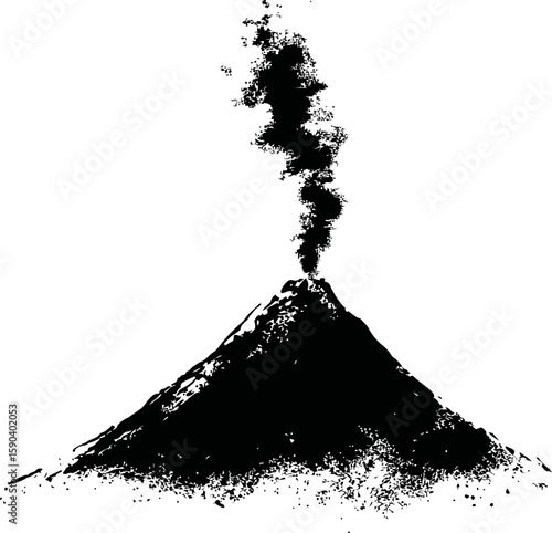 Black and white illustration of a smoking volcano with detailed ash clouds. Vector illustration