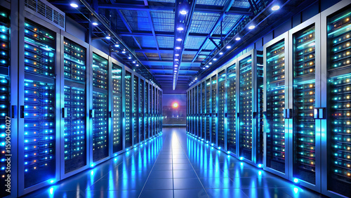 Illuminated network server room at data center