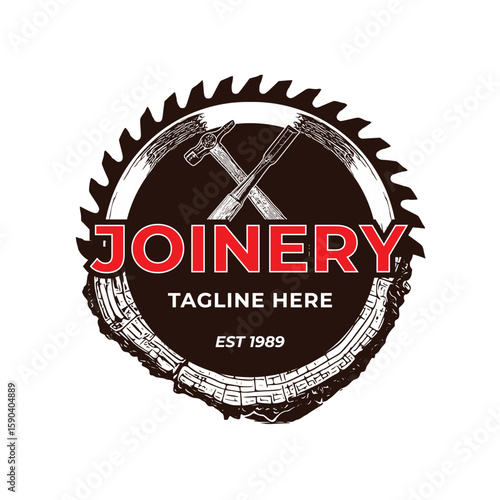 Chain saw and wood illustration, perfect for Joinery logo design