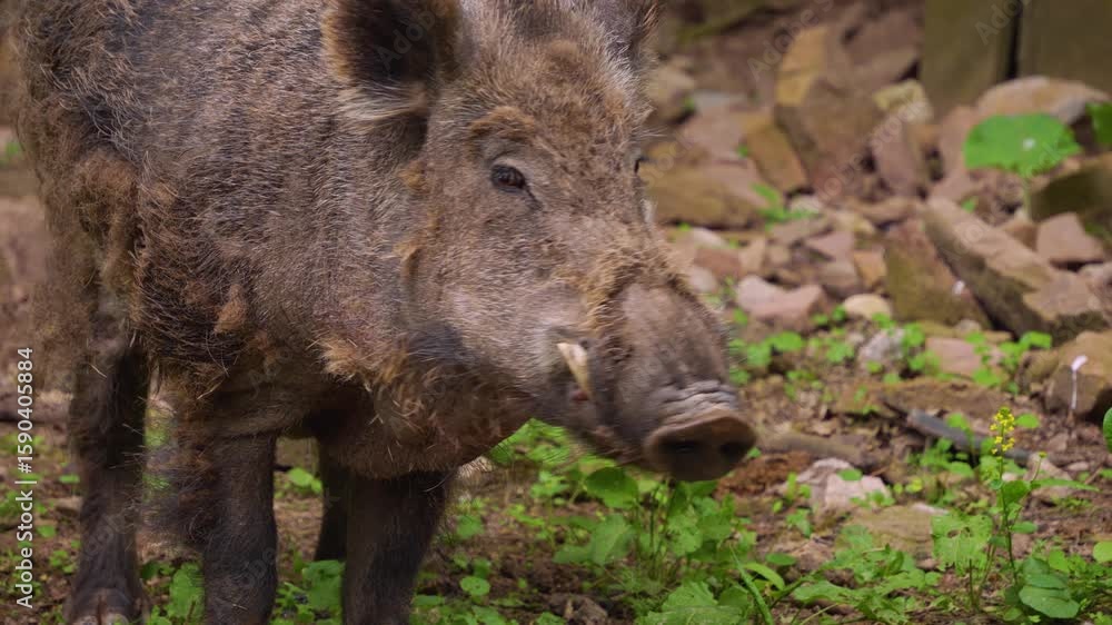 Close up of large male wild boar slowly moving around mud in the forest in Germany in autumn on a sunny day Close up of large male wild boar slowly moving around mud in the forest in Germany in autumn on a sunny day