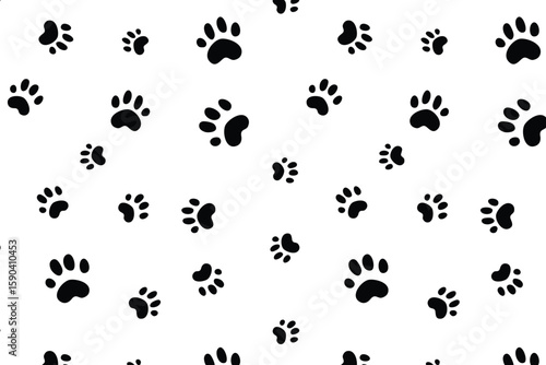 Playful scatter seamless pattern with cat pawprints in fill mode on a transparent background. Use for fabric, textile or wrapping