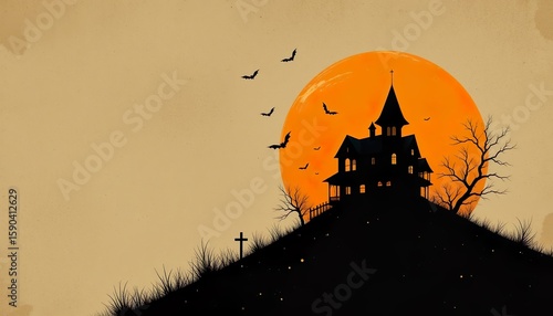 Silhouette of a haunted house with bats flying at sunset on a spooky Halloween night.