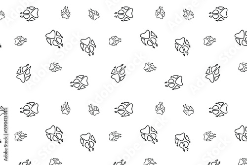 Playful scatter seamless pattern with fox pawprints in line mode on a transparent background. Use for fabric, textile or wrapping