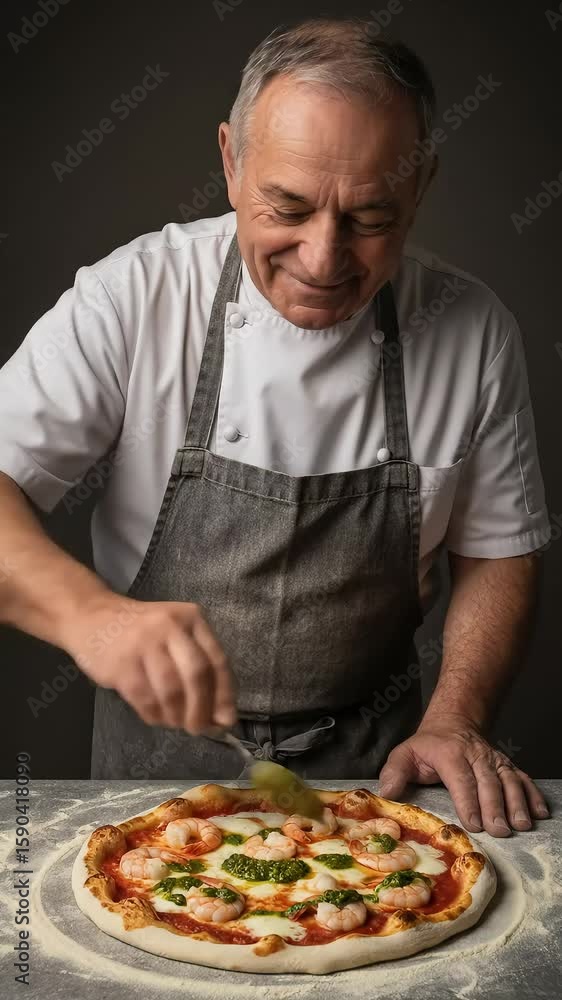 Senior Chef Adding Ingredients To Freshly Baked Pizza At Restaurant Senior Chef Adding Ingredients To Freshly Baked Pizza At Restaurant