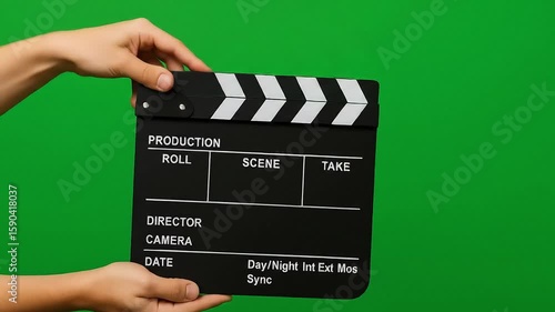 Wallpaper Mural A person holds a clapperboard against a green screen background. The clapperboard slams shut, indicating the start of filming. Suitable for visual content. Torontodigital.ca