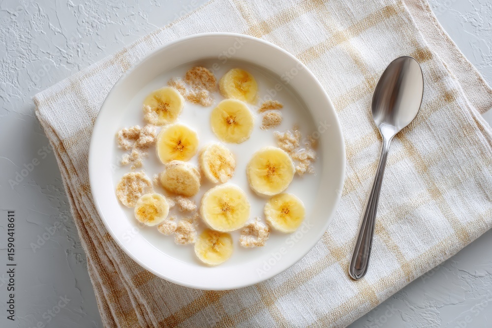 Banana cereal breakfast bowl with milk on checkered cloth Banana cereal breakfast bowl with milk on checkered cloth