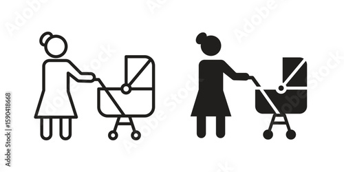 Woman with Baby Stroller icon. vector flat and line symbols. Vector Graphics.