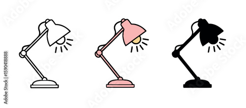 Three Desk Lamps in Outline, Pink Hue and Silhouette Against a White Background