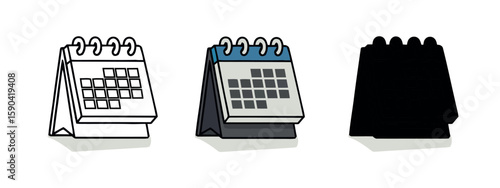 Desktop Calendar in Line Art, Colored, and Silhouette Versions for Schedule Planning