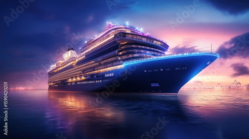 Luxurious cruise ship at twilight, lit by vibrant lights