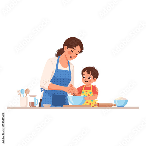 Mother and Son Baking Together with Joyful Expression