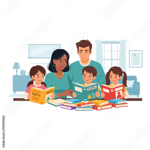 Family Studying and Learning Together at Home