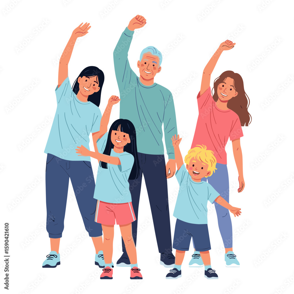 Fototapeta premium Happy Multi-Generational Family Exercising Together Illustration