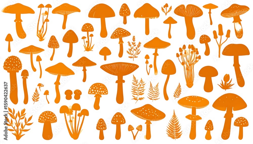 Orange mushroom silhouettes and foliage Orange mushroom silhouettes and foliage