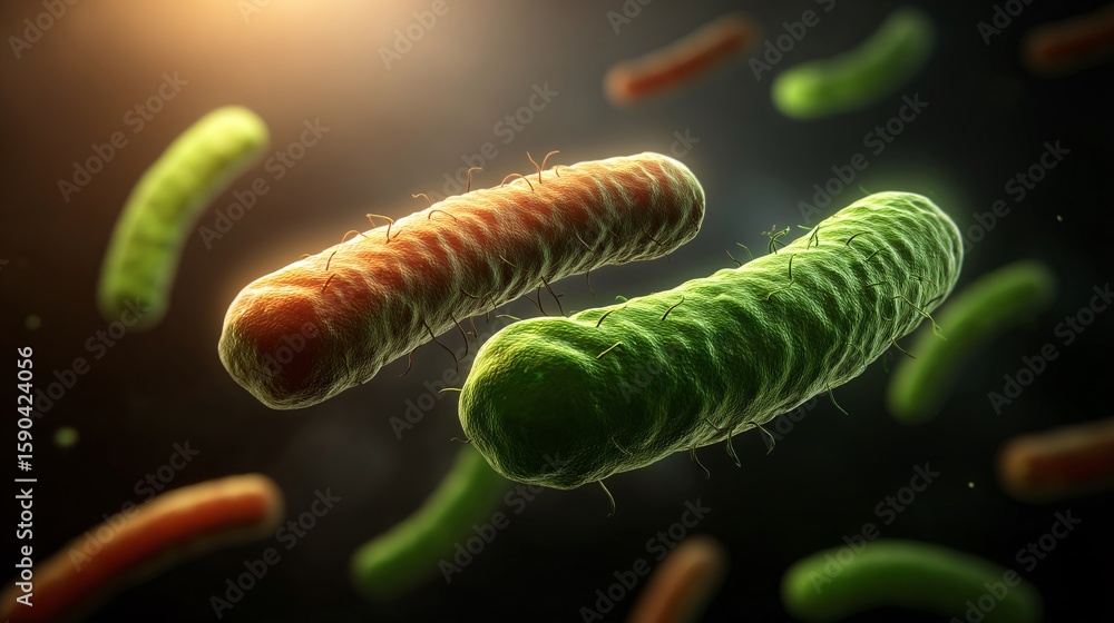 Fototapeta premium composition showing beneficial bacteria on one side supporting digestion and immunity while harmful bacteria multiply and cause inflammation on the other, ideal for comparison and educational 