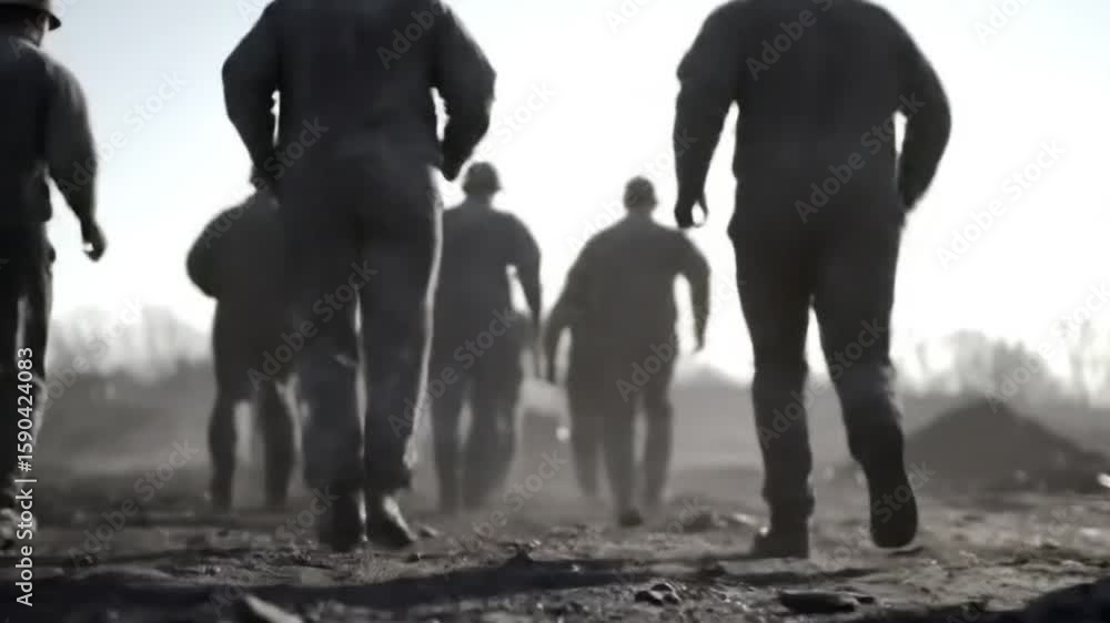 A group of miners running together in a dusty mining area, captured from behind. Perfect for themes of teamwork, mining industry, labor, urgency, and occupational safety.