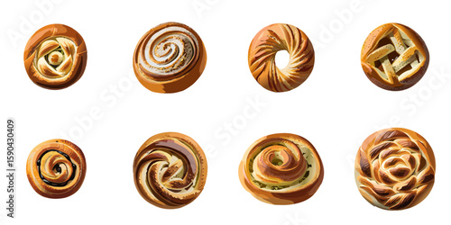 Multiple vector illustrations of delicately drawn Danish pastries

