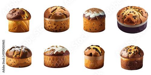 Multiple vector illustrations of delicately drawn panettone

