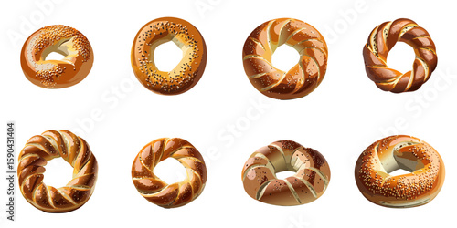 Multiple vector illustrations of delicately drawn bagels

