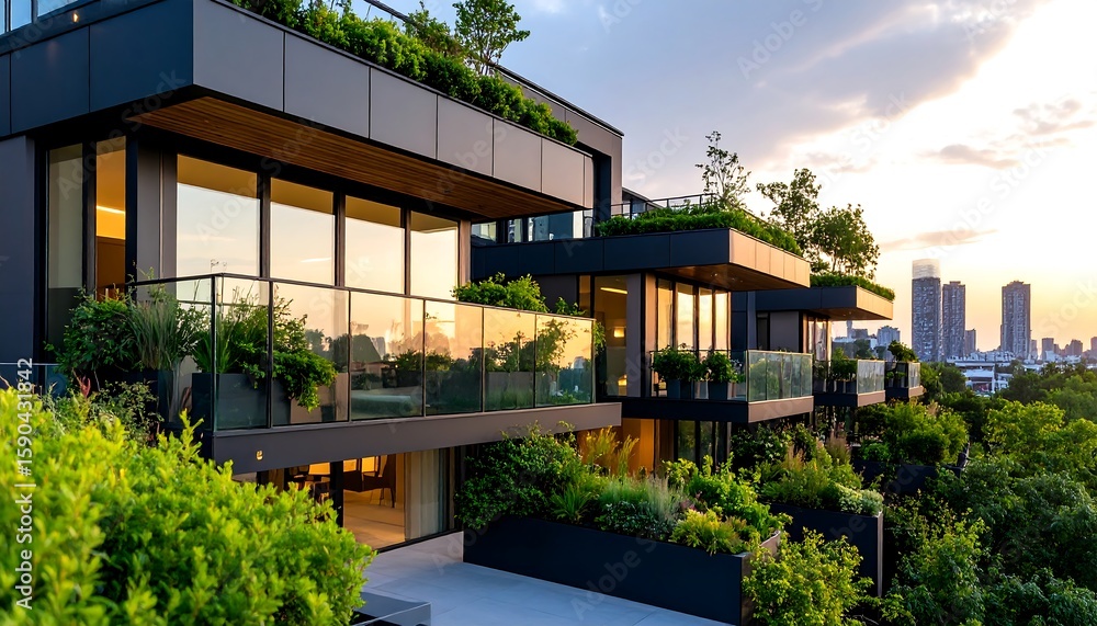 Obraz premium Modern apartment building with rooftop gardens