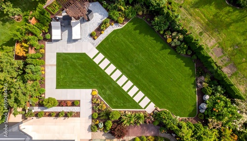 Aerial view of a landscaped backyard