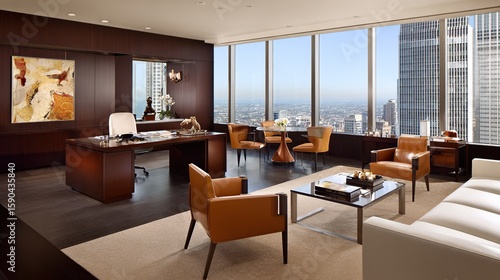 Executive office space with city view, wood paneling, and luxurious furniture