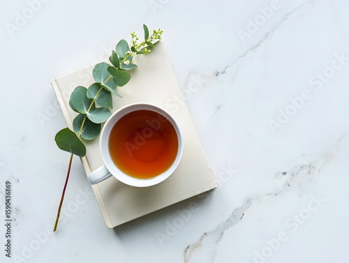 Tea cup with eucalyptus on book aesthetic calming morning drink marble background photo