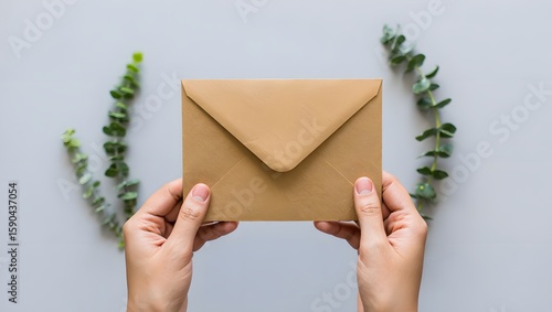 Hand holding kraft paper envelope with eucalyptus branches invitation mockup design