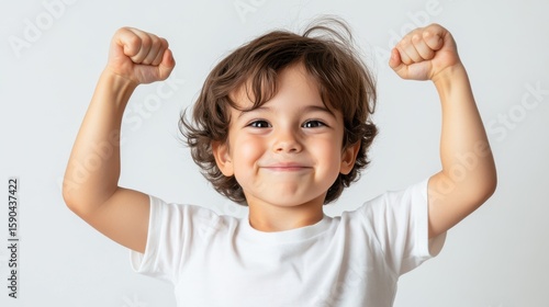 Kid proudly flexes muscles with a joyful smile on a bright white background