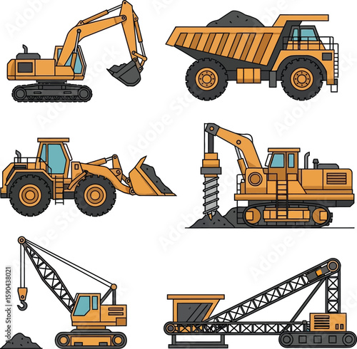 Illustration depicts various construction vehicles, including excavators, dump trucks, and cranes, in a flat design.